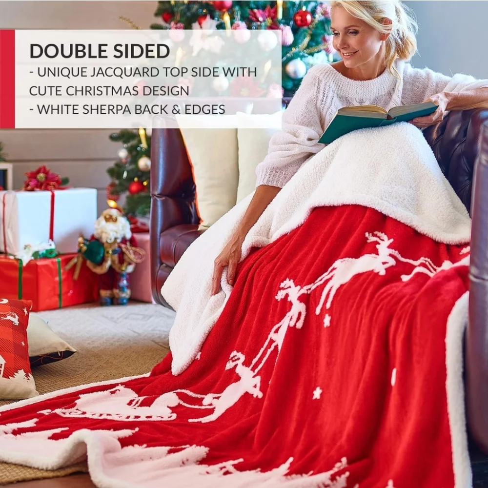 Malinad Red NIP Christmas Santa Clause & Reindeers Fleece/Sherpa Throw Blanket